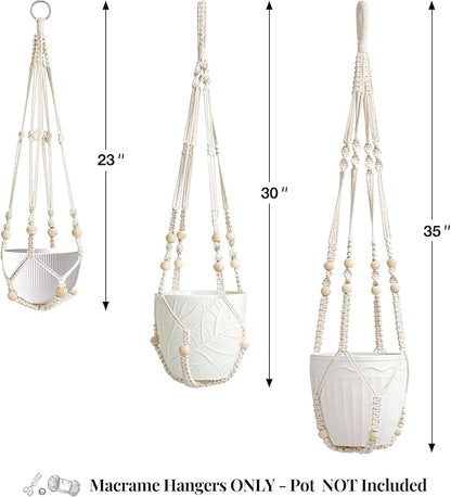 3 Pack Macrame Plant Hanger Indoor 3 Different Sizes Hanging Planter Basket Flower Pot Holder with Wood Beads & No Tassels for Boho Home Decor, 23, 30, 35 Inch, Ivory (Pot Not Included)