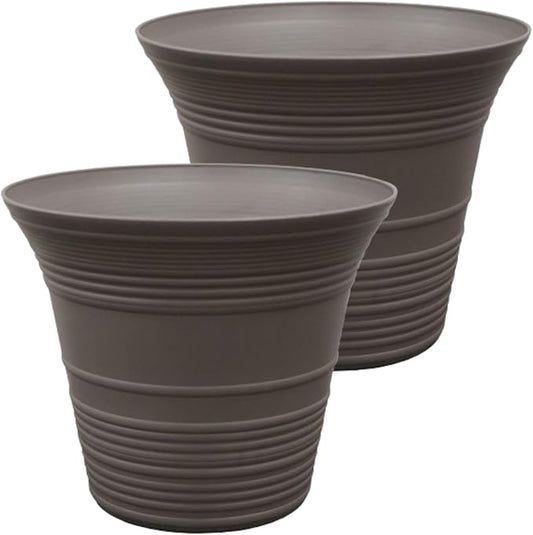 The HC Companies 12 Inch Sedona Round Self Watering Planter Pots, Lightweight UV-Resistant Plastic Indoor & Outdoor Planters, 2-Pack Flower Pots for Garden & Home Decor, Cappuccino