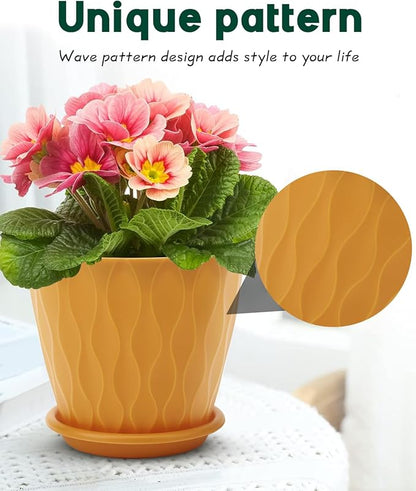 4 Inch Plastic Planter Pots with Drainage Holes & Saucers, Indoor/Outdoor Flower Pots for Plants, Succulents, Herbs, 5 Pack Set
