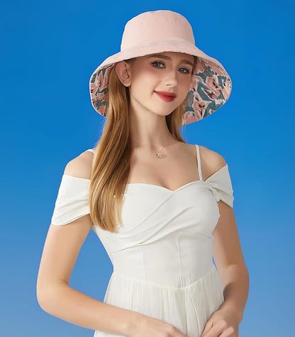 Wide Brim Women Sun Hat Summer Beach Bucket Fishing Hats Metal Wired Edge Packable UV Protection for Hiking Garden Travel