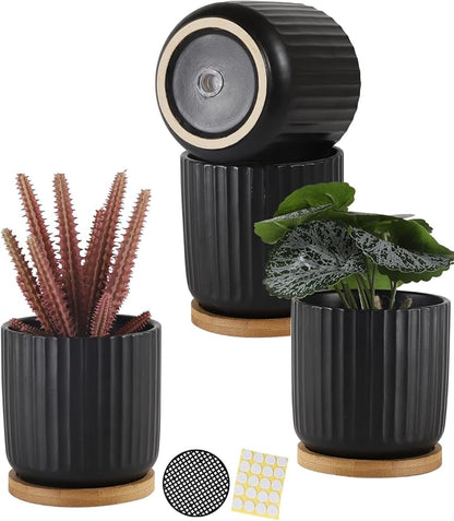 TAMAYKIM 4 Inch Small Plant Pots Indoor, Ceramic Flower Pot with Drainage Hole and Tray, Modern Vertical Pattern Planter for Succulents, Snake Plant, Aloe, Herbs, Black, Set of 4