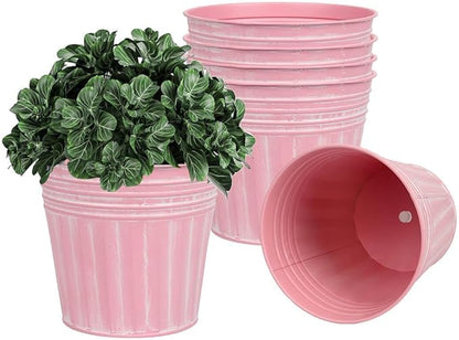 vensovo 5 Inch Pink Metal Rustic Flower Pots - 6Pcs Medium Galvanized Planters with Drainage Hole and Rubber Plug, Rustproof Metal Bucket Plant Pots Farmhouse Vintage Style for Decor
