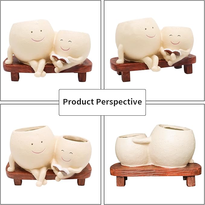 Smily Face Planter Pot for Plants, Cute Double Head Planters for Indoor Outdoor Plants, Modern Lady Head Vase Girl Face Planter, Unique Succulent Pots with Drainage Hole (Khaki)