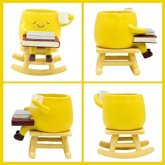 Smily Face Rocking Chair Planter -Cute Resin Book Coffee Succulents Plant Pots with Drainage Hole for Indoor Outdoor Garden, Gift IdeaI for Mother Appreciation Christmas (Yellow)