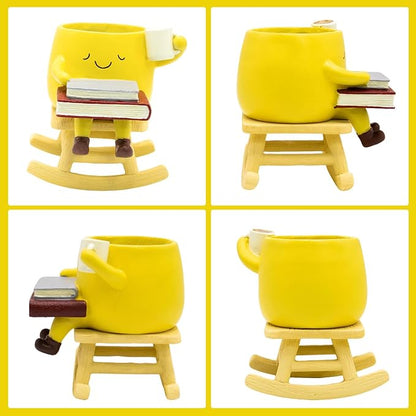 Smily Face Rocking Chair Planter -Cute Resin Book Coffee Succulents Plant Pots with Drainage Hole for Indoor Outdoor Garden, Gift IdeaI for Mother Appreciation Christmas (Yellow)