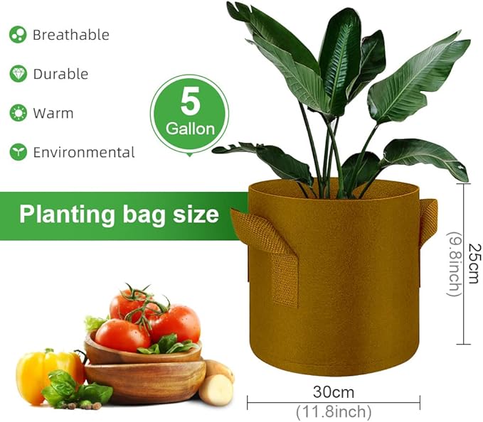 5-Pack 5 Gallon Grow Bags Heavy Duty Thickened Nonwoven Fabric Pots with Handles, Plant Grow Bags for Vegetables/Flower/Plant/Fruits, Brown