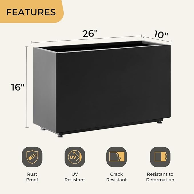 16-Inch Tall Metal Planter, Raised Garden Bed, 26Wx10Dx16H Planter Box for Plants, Vegetables & Vines, Features Drainage Holes & Adjustable Feet, Easy Assembly, Black
