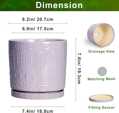 Ceramic Flower Pots, 8 Inch Plant Pots Indoor Outdoor, Round Planter with Drainage Hole and Tray, Boho Planter, Decorative Pot for Plants, Apartment Decor, House Warming Gifts, Purple