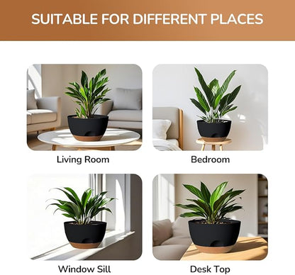 12 Inch Large Self Watering Pots, 2 Pack Plant Pots with Drainage Holes and Saucers, Self Watering Planter for Indoor Outdoor Garden Plants and Flowers (Black)