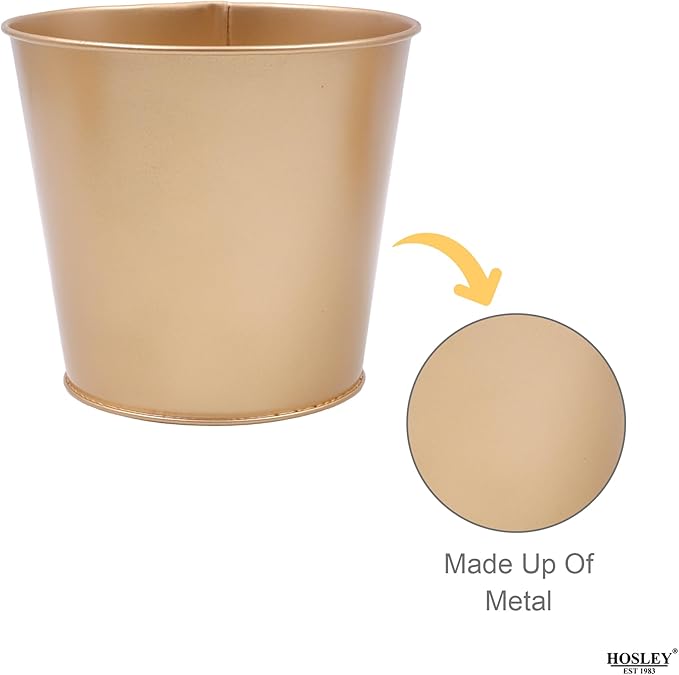 Hosley Set of 3 Gold Finish Bucket/Pots with PVC Liner 5" Dia x 4.75" H, Ideal Gift for Floral Arrangements Wedding Home Office Party DIY Indoor Outdoor Garden Patio