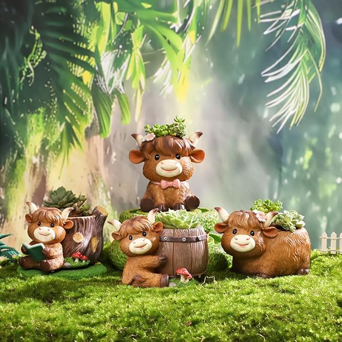 Highland Cow Succulent Planter with Drainage Hole & Plug, Mini Resin Cow Flower Pot for Indoor Outdoor Plants, Cute Animal Planter for Home & Garden Decor (D)