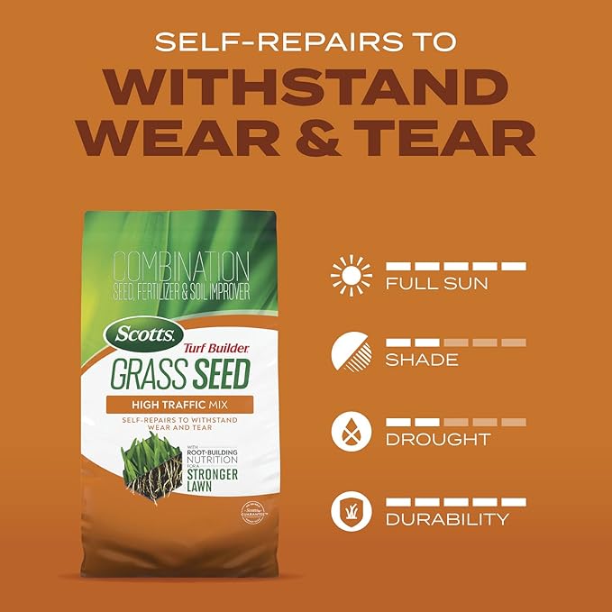 Scotts Turf Builder Grass Seed High Traffic Mix with Fertilizer and Soil Improver, Self-Repairs, 5.6 lbs.