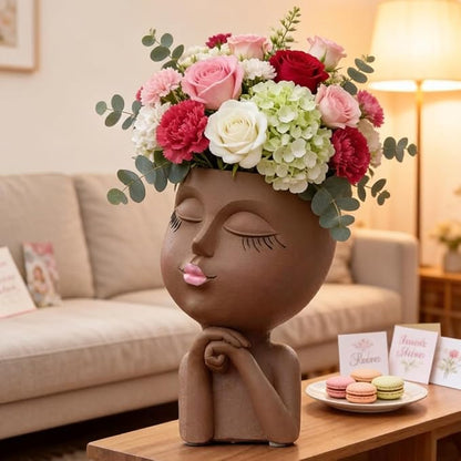 Face Flower Pot Head Planter, Girl Heads Flowerpot, Lady Faces Plant Pot, Female Bust Statue Succulent Pots with Drainage Hole for Indoor Outdoor Plants, Modern Human Art Vase(7" Brown)