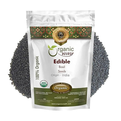 Organic Way Edible Basil Seeds | Organic & Kosher Certified | Sabja Seeds Rich in Fibers | Raw, Vegan, Non GMO & Gluten Free | USDA Certified | Origin - India (4 Ounce Pack)