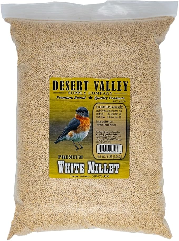Desert Valley White Millet Seed, All Natural, Non-GMO Premium Wild Bird Food for Cardinals, Finch, Song Birds, Buntings and More (5 Pounds)