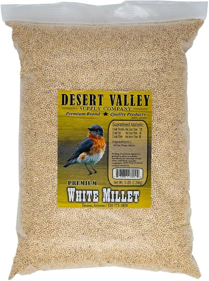 Desert Valley White Millet Seed, All Natural, Non-GMO Premium Wild Bird Food for Cardinals, Finch, Song Birds, Buntings and More (5 Pounds)