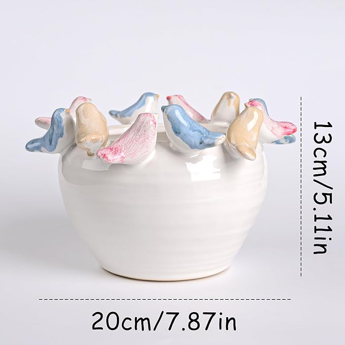 ZSHAWN Stoneware Planter with Colorful Birds on Rim, Reactive Glaze Decorative Flower Pot for Indoor Plants, Vintage Cottagecore Bird Planter, Ceramic Pot for Succulents, Tabletop Home Décor Accent
