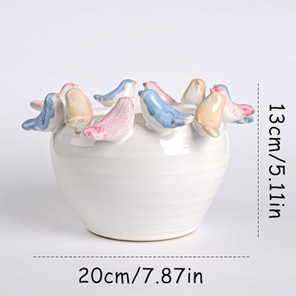 ZSHAWN Stoneware Planter with Colorful Birds on Rim, Reactive Glaze Decorative Flower Pot for Indoor Plants, Vintage Cottagecore Bird Planter, Ceramic Pot for Succulents, Tabletop Home Décor Accent
