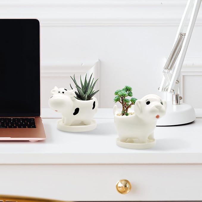 DIYOMR Cute Animal Planter Cow Dog Shaped Funny Small Succulent Pot White Ceramic Plant Pot with Tray for Mini Plants Flowers Cactus, Smooth Ceramic - Plants Not Included (Cow)