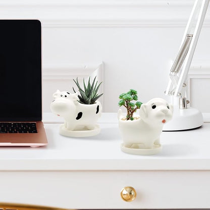DIYOMR Cute Animal Planter Cow Dog Shaped Funny Small Succulent Pot White Ceramic Plant Pot with Tray for Mini Plants Flowers Cactus, Smooth Ceramic - Plants Not Included (Cow)