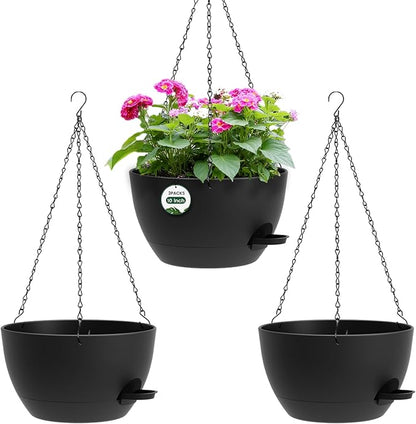 3 Pack 10 Hanging Flower Pots with Chains Self Watering Plastic Planters for Indoor Outdoor Plants, Sturdy Triangular Iron Chain Design for Garden PorchPlastic Hanging Flower pots (3, Black)