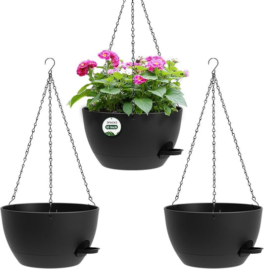 3 Pack 10 Hanging Flower Pots with Chains Self Watering Plastic Planters for Indoor Outdoor Plants, Sturdy Triangular Iron Chain Design for Garden PorchPlastic Hanging Flower pots (3, Black)