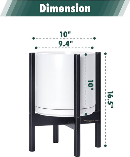 D'vine Dev Ceramic Planter with Ebony Stand - 10 Inch Modern Round Flower Pot with Wood Planter Holder, White, 55-B-L-1