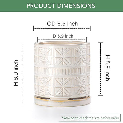 Ceramic Plant Pots Indoor-Outdoor: 6 Inch Embossed Planters with Drainage Hole & Saucer - Modern Decorative Flower Pots for Home Garden Patio Office Decor
