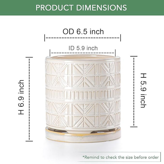 Ceramic Plant Pots Indoor-Outdoor: 6 Inch Embossed Planters with Drainage Hole & Saucer - Modern Decorative Flower Pots for Home Garden Patio Office Decor
