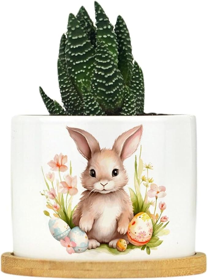 DreamAutumn Planters Ceramic Cute Easter Bunny Rabbit Ceramic Pots with Drainage Holes Round Flowerpot Bamboo Tray Plant Pots for Succuelnt and Little Snake Plants Pots for Nana Mommy Grandma