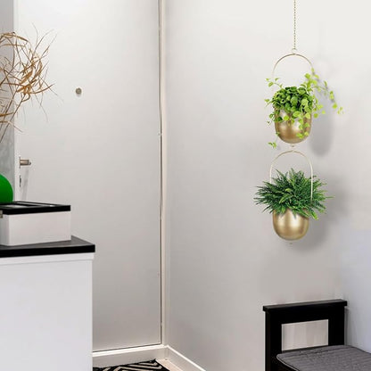 Boho Hanging Planter, Set of 2 Gold Metal Plant Hanger with Hooks and Chains, Modern Wall & Ceiling Planters Outdoor/Indoor Hanging Planter for Window, Porch, Balcony and Home Décor