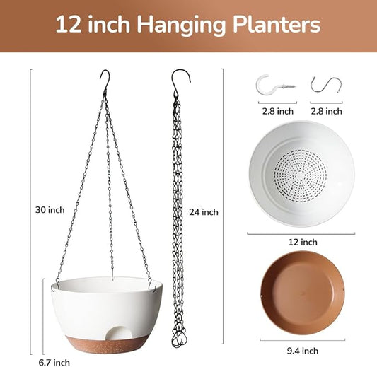 Hanging Planter, 12 Inch Self-Watering Hanging Planters for Indoor Outdoor Plants, Hanging Basket for Plants Flowers Outdoor (White)