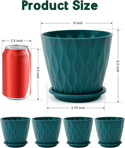 6 Inch Indoor Planter Pots with Drainage Hole and Tray Saucer,Flower Pots for Indoor Outdoor Garden Plants and Flowers, Multicolor, 5 Packs (Blue)