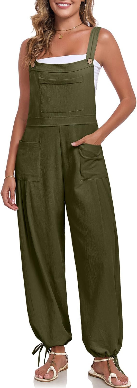 ALSOGO Womens Wide Leg Overalls Loose Beach Vacation Outfits Jumpsuits 2025 Causal Sleeveless Rompers with Pockets