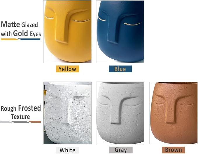 GeLive Head Succulent Plant Pot Ceramic Face Planter Modern Statue Flower Vase Windowsill Box with Drainage Hole Home Decoration Indoor Outdoor Container Gold Eyes (Yellow)