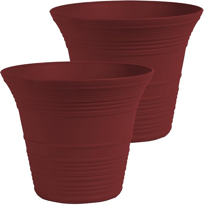 The HC Companies 12 Inch Sedona Round Self Watering Planter Pots, Lightweight UV-Resistant Plastic Indoor & Outdoor Planters, 2-Pack Flower Pots for Garden & Home Decor, Wild Red