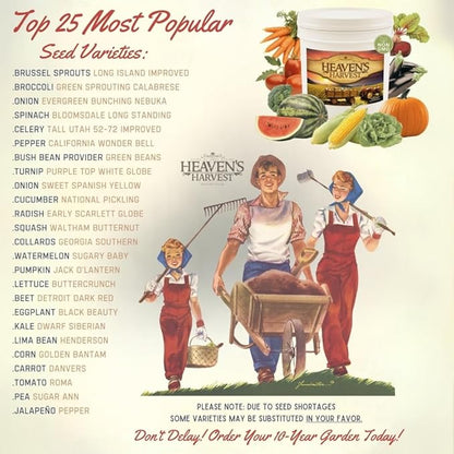 Heaven’s Harvest - 10 Year Survival Or Homestead Garden | 25k+ Heirloom Vegetable Seed Bank Kit | Includes Free Clyde’s Garden Planner & Seed Vault Storage Drum | Non-GMO