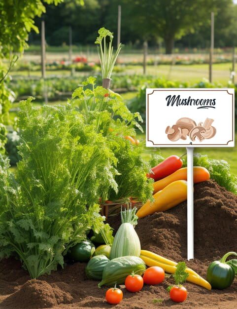 Boylee Mushroom Garden Signs 8x12inch Aluminum with Stake for Vegetables, Herbs, Flowers & Potted Plants
