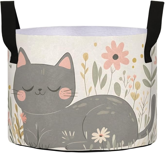 Fabric Plant Grow Bags Cartoon Grey Cat, 3Gallon Cloth Planting Pouch Flower Pot Thickened for Garden Vegetable Flower Planting