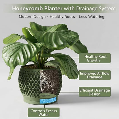 Plant Pots, Modern 3D Printed Honeycomb Planters for Indoor Plants, 4.7/6/8 Inch Military Green Decorative Flower Pot for Office Desktop, Bookshelf & Home Decor, Lightweight & Durable