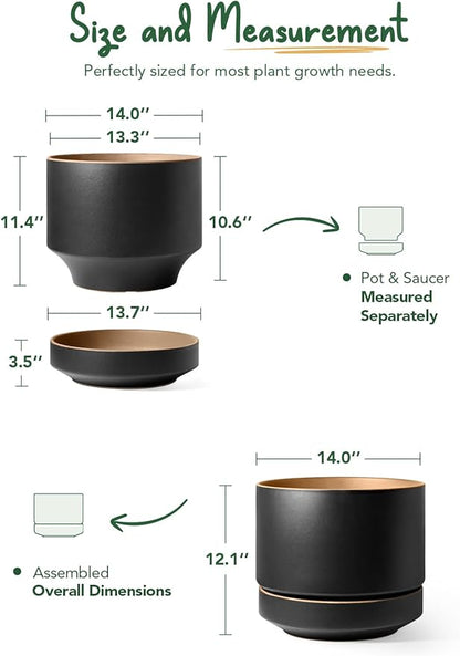 LE TAUCI 14 Inch Large Plant Pot with Saucer, Ceramic Outdoor & Indoor Big Planter with Drainage Hole, Mesh Pad & Plug Included, Matte Glazed Outside, Modern for Home and Patio, Obsidian Black & Ochre