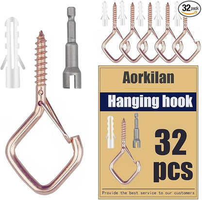 32-Pack Heavy-Duty Rose Gold Screw Eye Hooks with Safety Clips | Metal Ceiling Hooks for Hanging Plants, Wind Chimes, Bird Feeders & Indoor/Outdoor Lights
