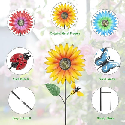 Stargarden Metal Flower Garden Stakes, 3 Pcs Decorative Garden Stakes, Colorful Metal Flowers Garden Decor, Waterproof Lawn Ornaments for Indoor, Outdoor