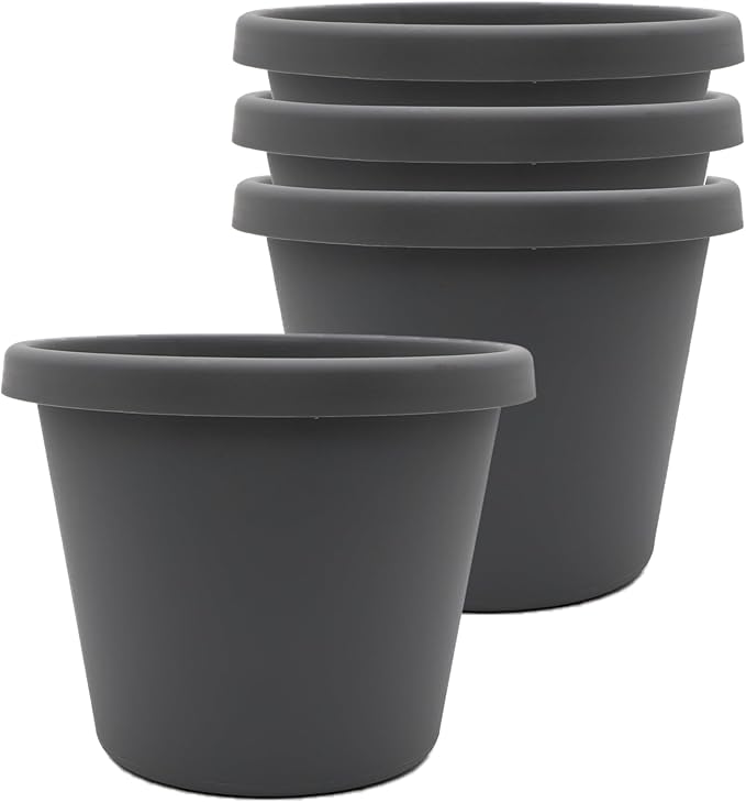 The HC Companies 8 Inch Prima Round Planter Pots with Drainage Holes and Rolled Rim, Lightweight UV-Resistant Plastic Indoor & Outdoor Planters, 4-Pack Flower Pots for Garden & Home Decor, Warm Gray