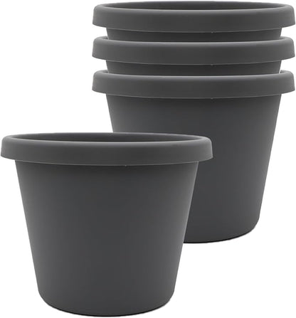 The HC Companies 6 Inch Prima Round Planter Pots with Drainage Holes and Rolled Rim, Lightweight UV-Resistant Plastic Indoor & Outdoor Planters, 4-Pack Flower Pots for Garden & Home Decor, Warm Gray