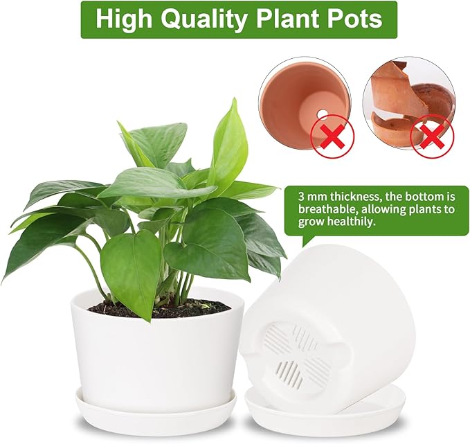 4.7 Inch Plastic Plant Pots, Round Classic Planters with Drainage Holes and Saucers for Indoor Outdoor Plants, Perfect for African Violet, Snake Plant, Succulents (White 8 Pack)