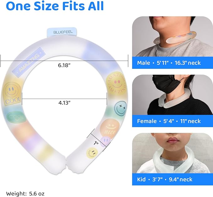 BLUEFEEL Neck Cooler Ice Ring | Wearable Cooling Tube Neck Wrap with Gel Ice Pack | Personal Air Conditioner for Heat Relief, Outdoor Activities, Hot Summer - Instant Freeze Below 64°F (Smile)