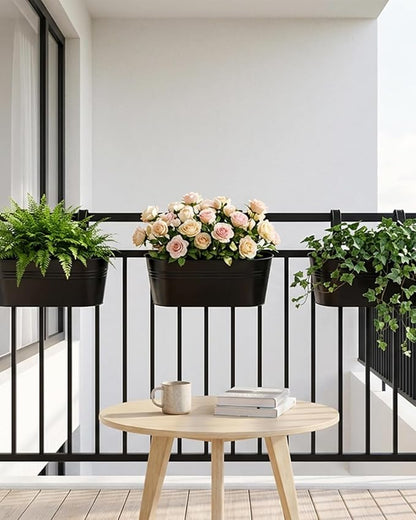 vensovo 16 Inch Railing Planter for Outdoor Plants - 3 Pack Large Metal Balcony Hanging Planters with Detachable Hooks and Drain Holes Oval Box Rail Pots for Home Garden Fence, Black