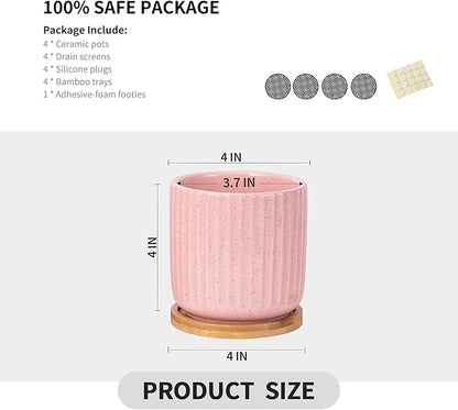 OMAYKEY 4 Inch Ceramic Plant Pot with Saucer, Adorable Stripe Multicolor Small Planters Pots with Drainage Hole & Mesh Pads for Succulent, Snake Plants, Cactus, Herbs - Set of 4