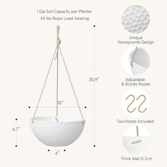 LA JOLIE MUSE 10 Inch Hanging Planters for Indoor Plants, Outdoor Garden Planter Pots, White, Honeycomb, Set of 2